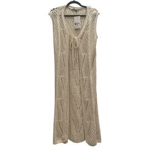 NWT Masnotti Cream Open Knit Maxi Duster Cardigan Vest Boho Beach Cover Up